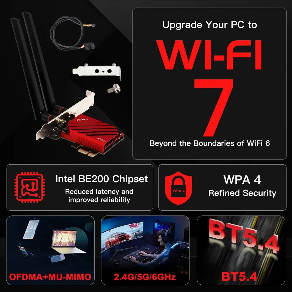 NEW FENVI 5.8Gbps WIFI7 PCIE Adapter 8774Mbps BE200 BT5.4 Gaming Tri Band2.4G/5G/6GHz Desktop Wireless Network Adapter For Win11