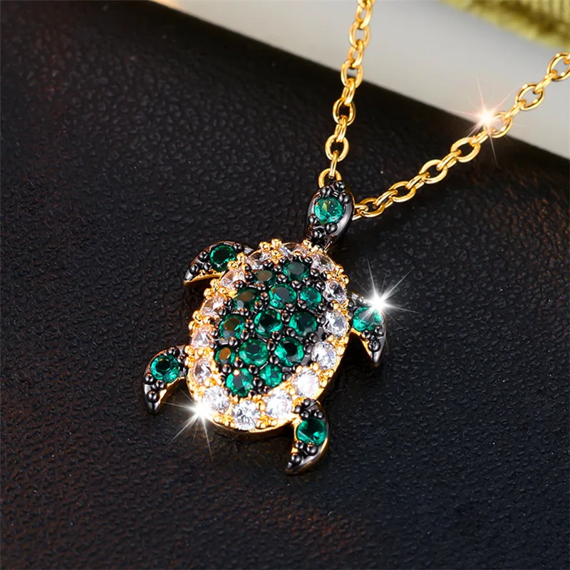 Cute Female Green Turtle Animal Pendant Necklace Vintage Yellow Gold Color Wedding Jewelry Gift For Women