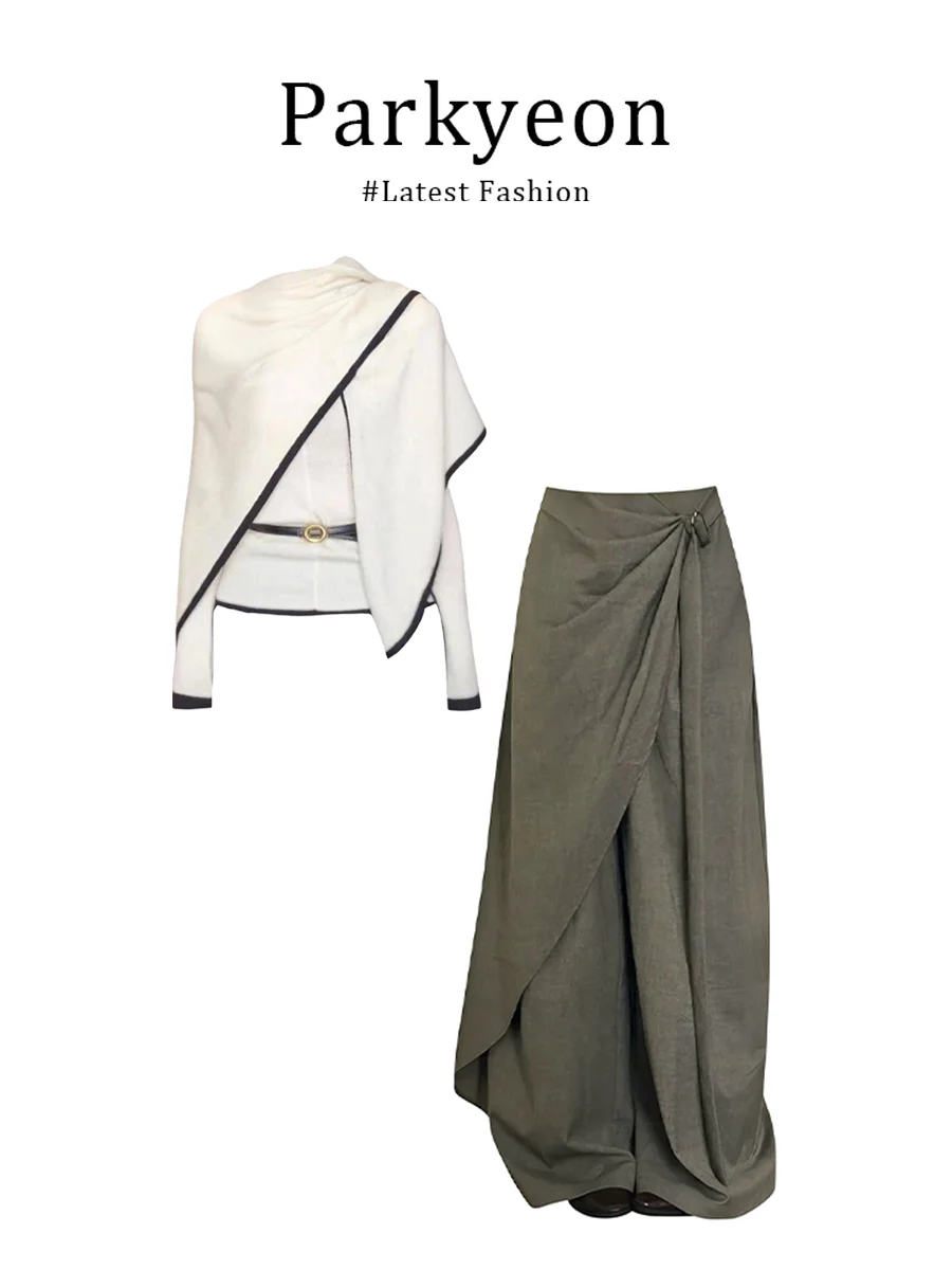 

Parkyeon Winter 2025 Triangular Scarf Design Knitted Sweater Casual Pants Three-Piece Set Warm Long Sleeve round Neck Zipper ...
