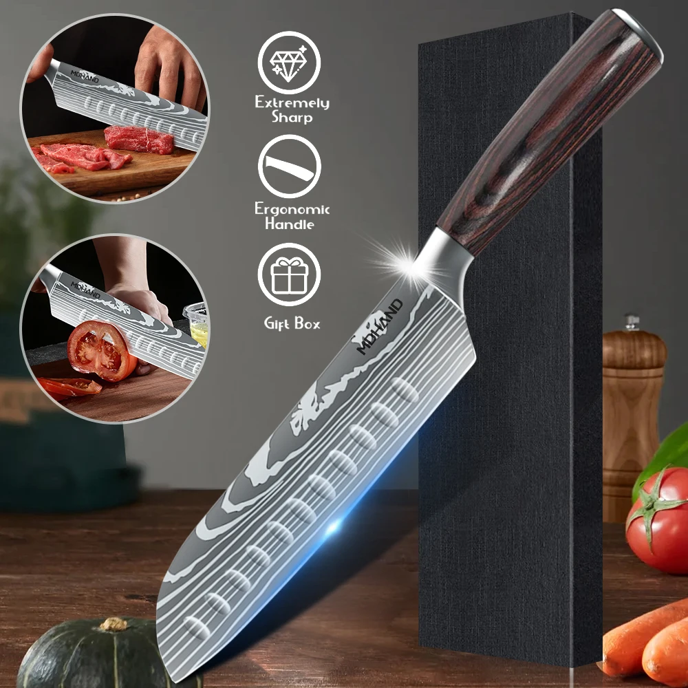 

7 Inch Santoku Knife Laser Damascus Stainless Steel Kitchen Knives Professional Chef Knife Full Tang Vegetable Cutting Knife