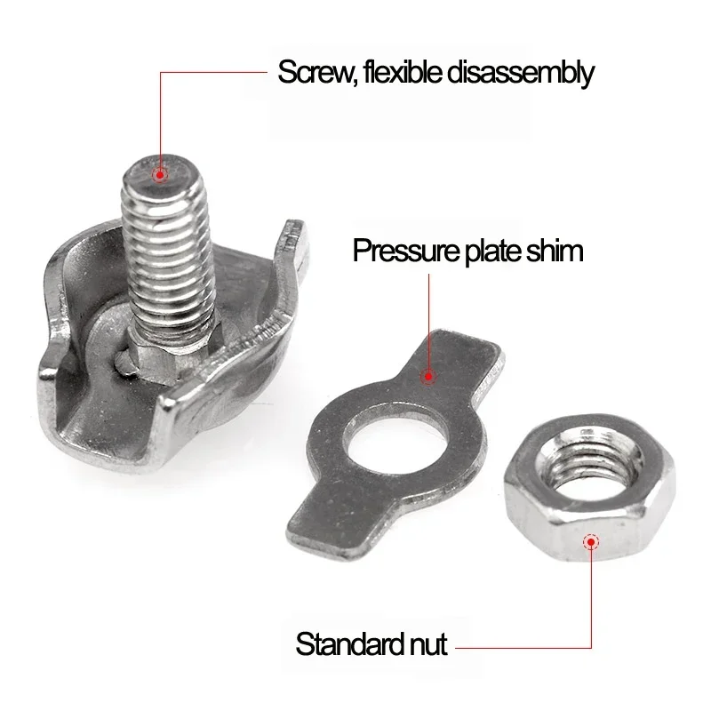 304# Stainless Steel Wire Rope Single Clip Chuck Lock,Cable Clamp Fastener Caliper Full Set Size M2 to M10