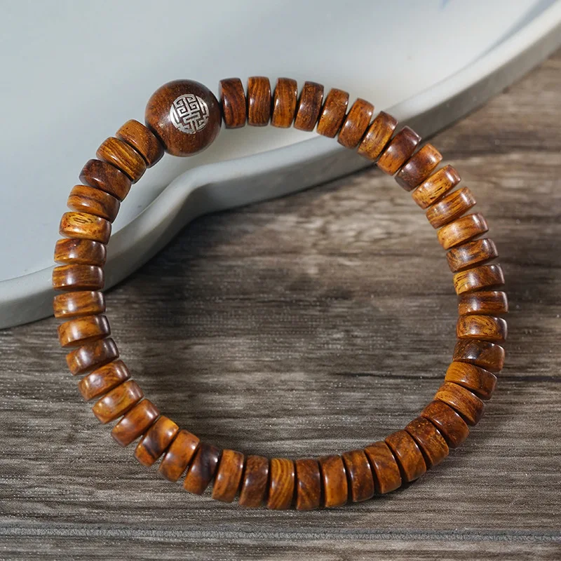 Huanghuali Dalbergia Odorifera Exquisite Tablet Beads Bracelet Inlaid Silver Wire DIY Spacer Handicraft Jewelry