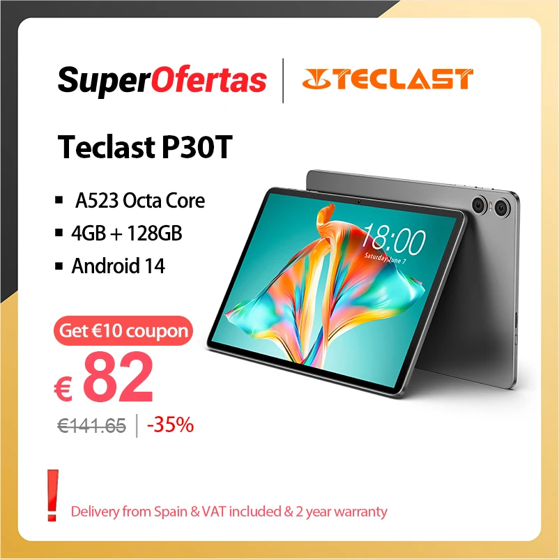 Teclast P30T 10.1 Inch IPS TDDI Tablet Android 14 4GB RAM 128GB ROM 1280X800 A523 Octa Core Dual Cameras 6000mAh 5MP Wifi 6