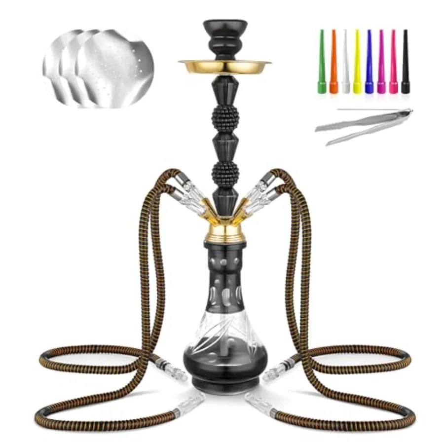 

Hookah Set 4 Hose 21'' Shisha Hookah Set with Everything - Glass Shisha Vase, Disposable Tips, Hookah Foil Black