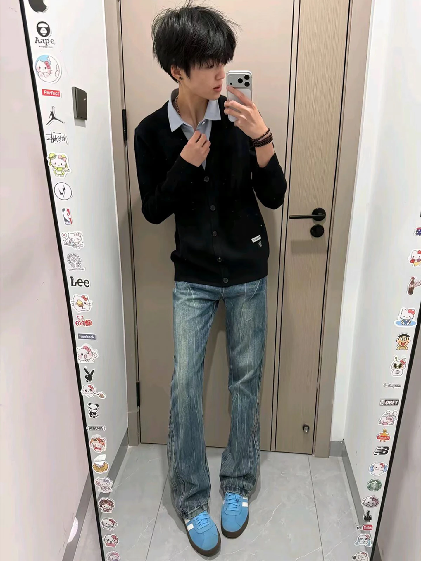 

Waed Denim Jeans Men's Spring Autumn American Retro Straight Leg Narrow Version Micro Flared Pants Lightning Pattern Cleanfit