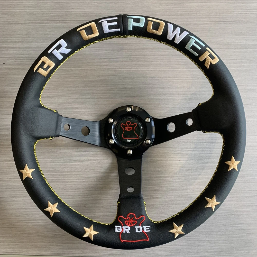 Universal 13 Inch 330mm JDM Bride POWER Black Five-pointed Star Embroidery Leather Steering Wheel