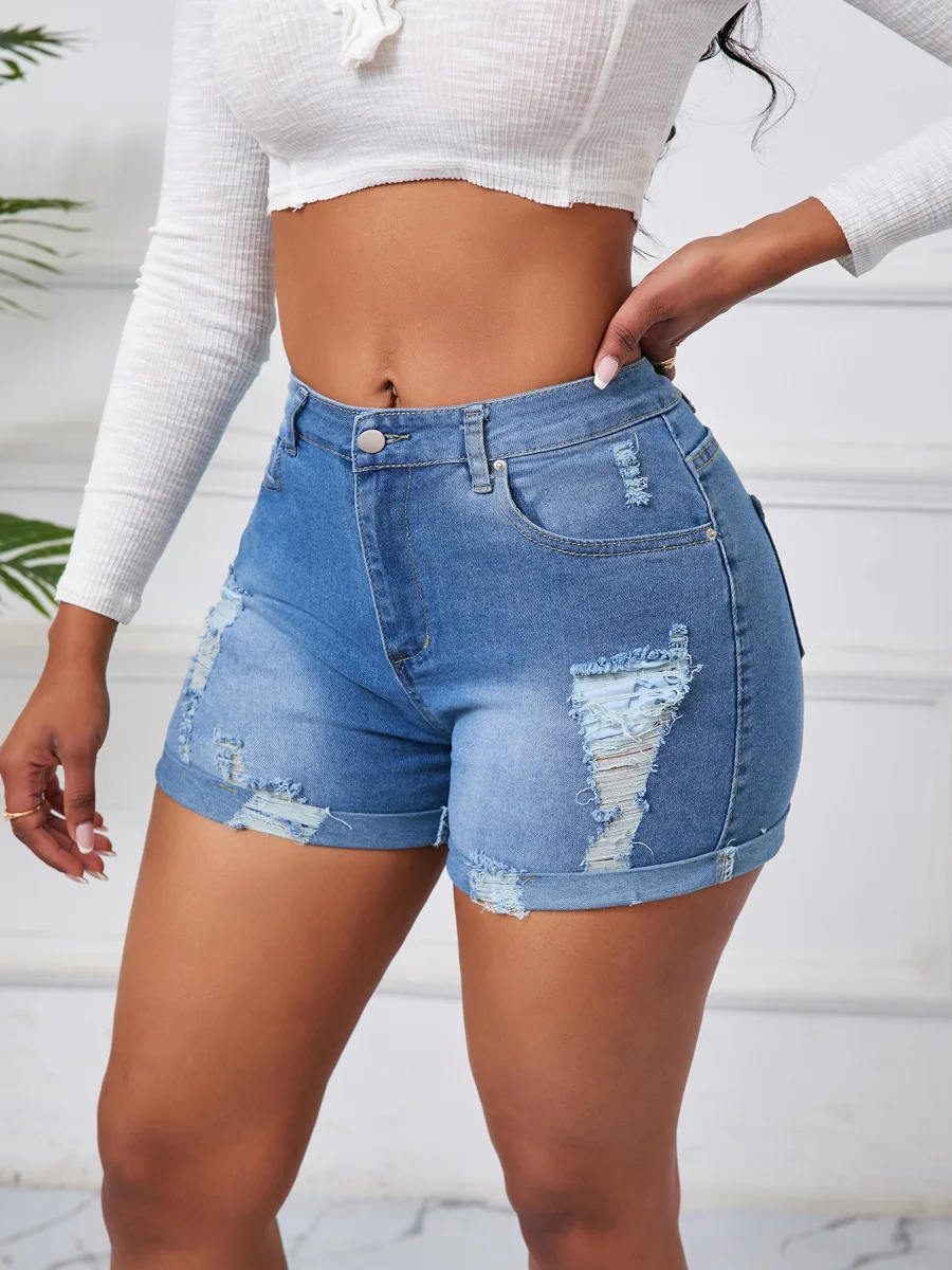 Sexy High-Waist High-Elastic Denim Shorts for Women Clothes New plus Size Ripped Jeans Short Pants with Hole Detail view 2