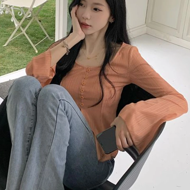 Shirts Women Elegant Vintage Ruffles Design Literary Summer Thin Flare Sleeve Korean Style Female Solid Slim Tops Sexy Popular