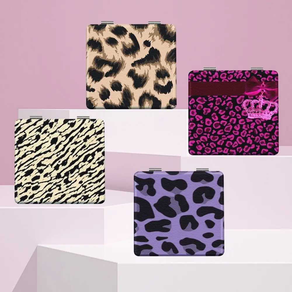 Miroir de maquillage Portable imprimé léopard, miroir de poche pliable Double face carré rétro, outils cosmétiques