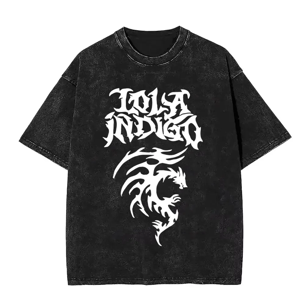 

Washed Lola Indigo Logo T-shirt Fashion Music T-shirts Summer Casual O-collar Oversized T Shirts Aesthetic Streetwear Unisex