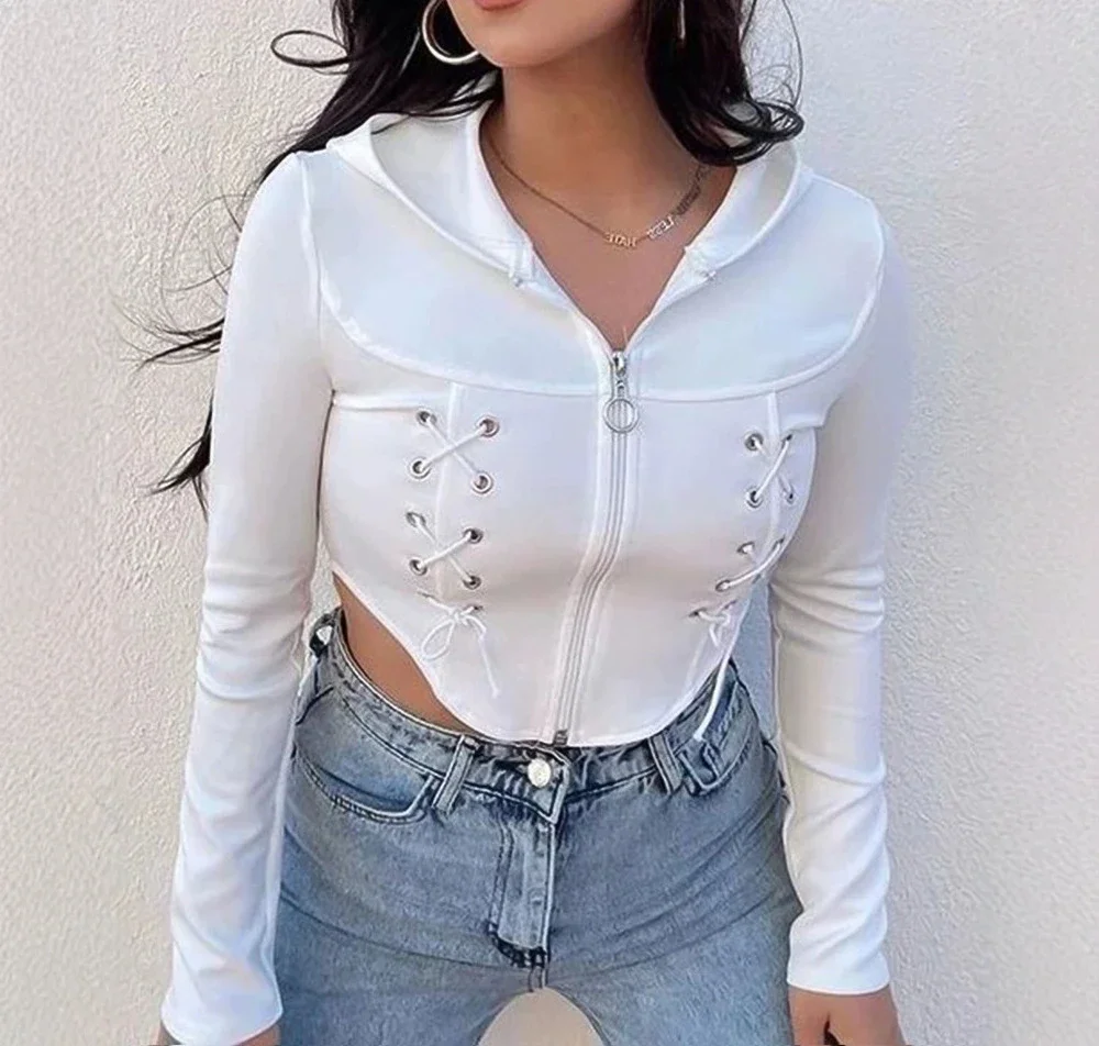 Sexy Zip Up Hoodie Women Streetwear with Strap Long Sleeved Lace-Up Crop Top Simple Irregular Blouses Harajuku Autumn 2024 New