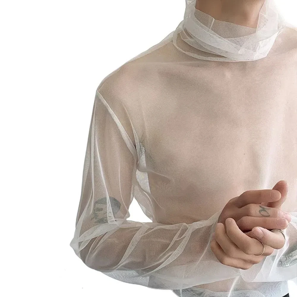 

Creative See-through Transparent T-shirt Streetwear Solid Color Long Sleeve T-shirt High Collar Undershirt Mesh Top Men Party