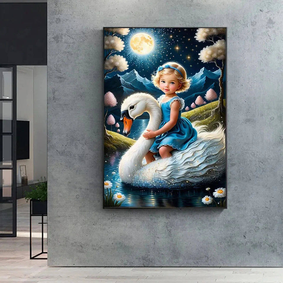 Cute Kids And White Swan Cartoon DIY Diamond Painting Full Drill Mosaic Embroidery Fantasy Landscape Kids Room Decoration Gifts