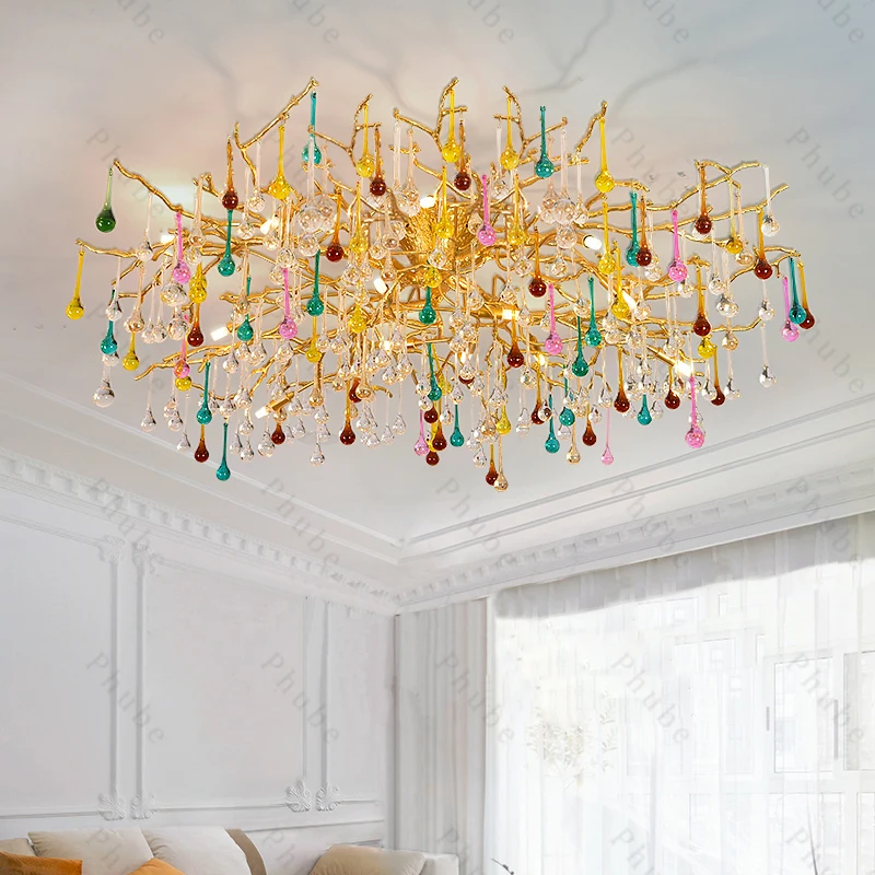 

Жизнь деревьев, ветки, художественный хрустальный потолочный светильник для гостиной, красочный подвесной светильник с каплями воды, латунный большой подвесной светильник