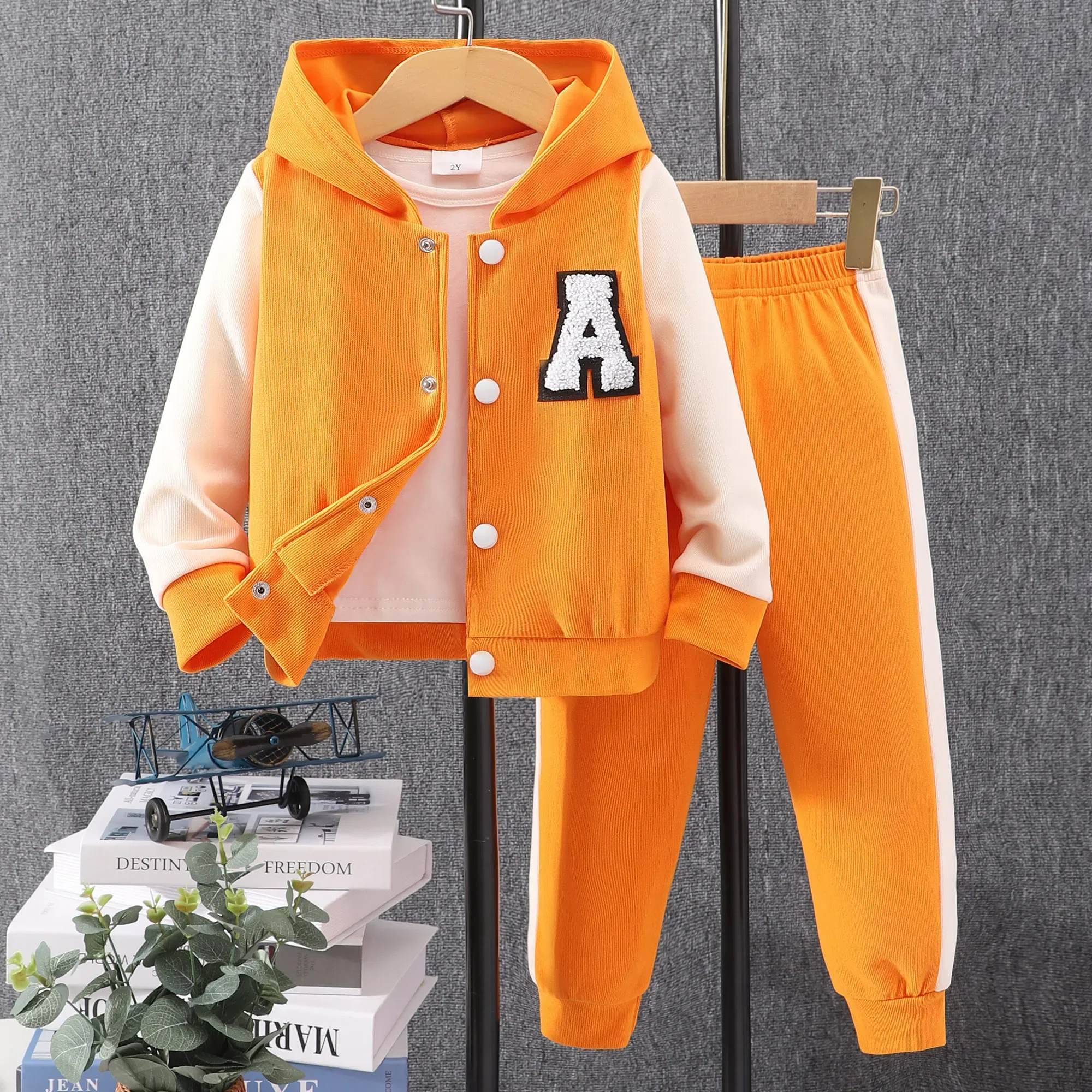 Children\'s Clothing Set 2024 Spring Girl 2-8yrs Long Sleeve Hooded Plaid Boy Suit Winter Overcoat 2 Pcs Children Suit