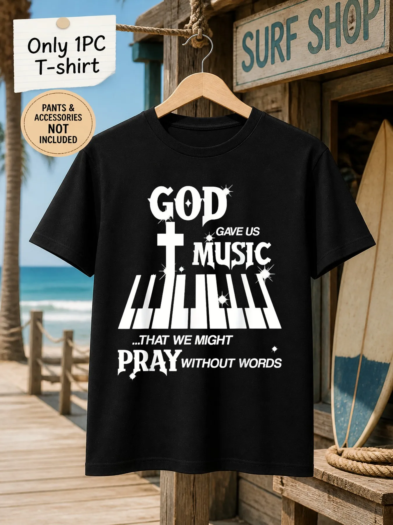 1pc Mens Graphic T Shirt God Gave Us Music That We Might Pray Without Words Piano Cross Print Short Sleeve Crew Neck[solely 1pc T-SHIRT]