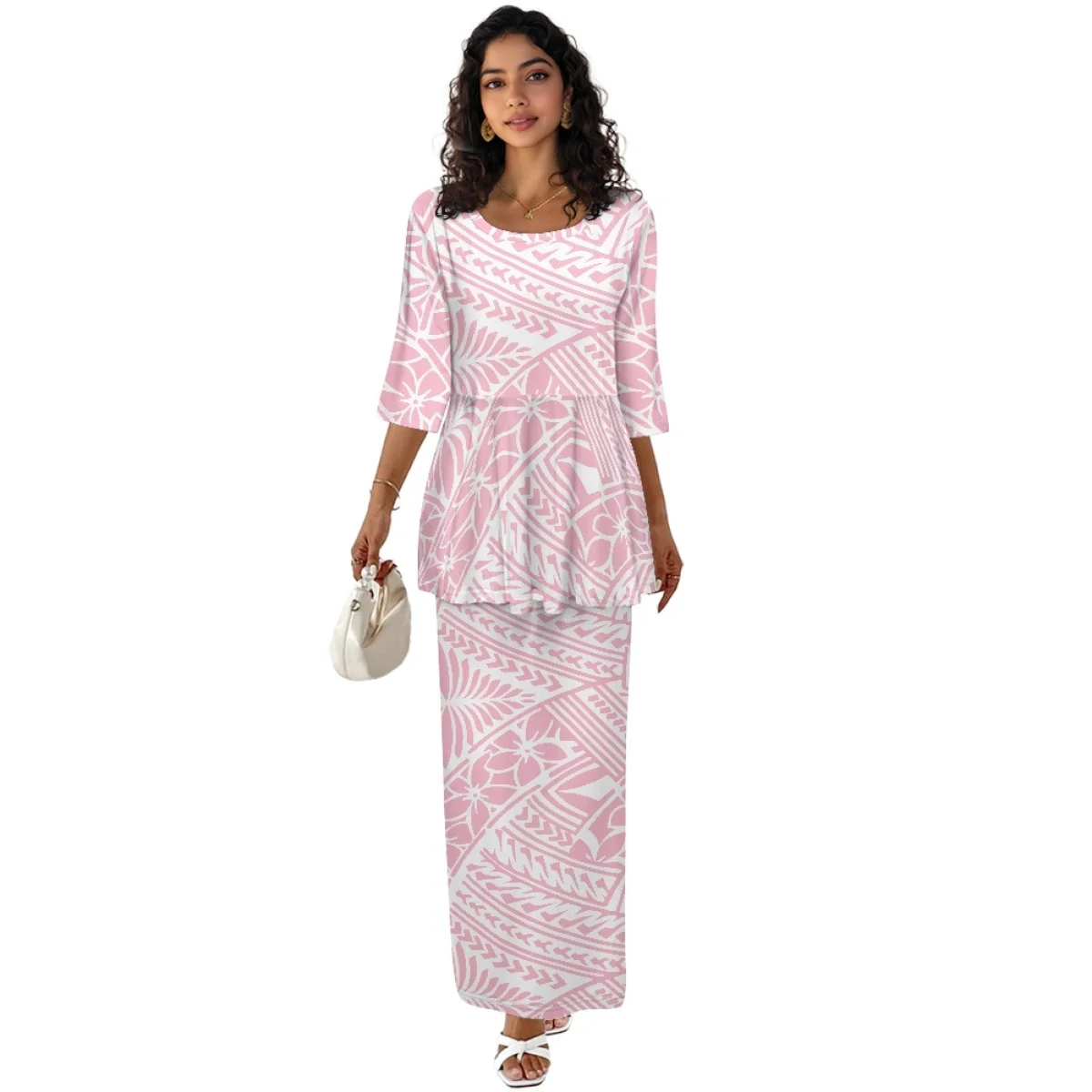 

Summer Islander Puletasi Samoa Dresses Lady Short Sleeve Women Two Piece Set Polynesian Tribal Clothing Hawaiian White Print