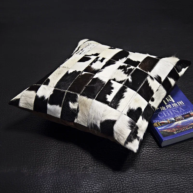 

50x50 cm Black White Cowhide Throw Pillow ,Fashion Hand Stitched Patchwork Cover Cushion Leather