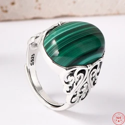 BOCAI S925 Sterling Silver Rings for Women New Fashion Ancient Hollow Flowers Oval Malachite Palace Style Punk Jewelry