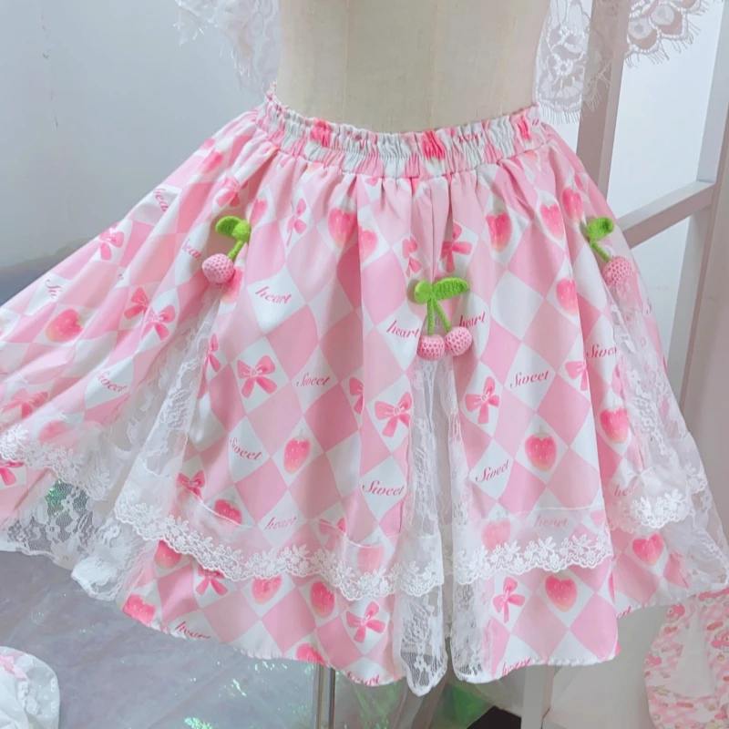 2025 Estate Nuovo Modello Del Fumetto Puro Cotone Girocollo T-Shirt da Donna Design Originale Lace Splicing Mezze Gonne Set Signore