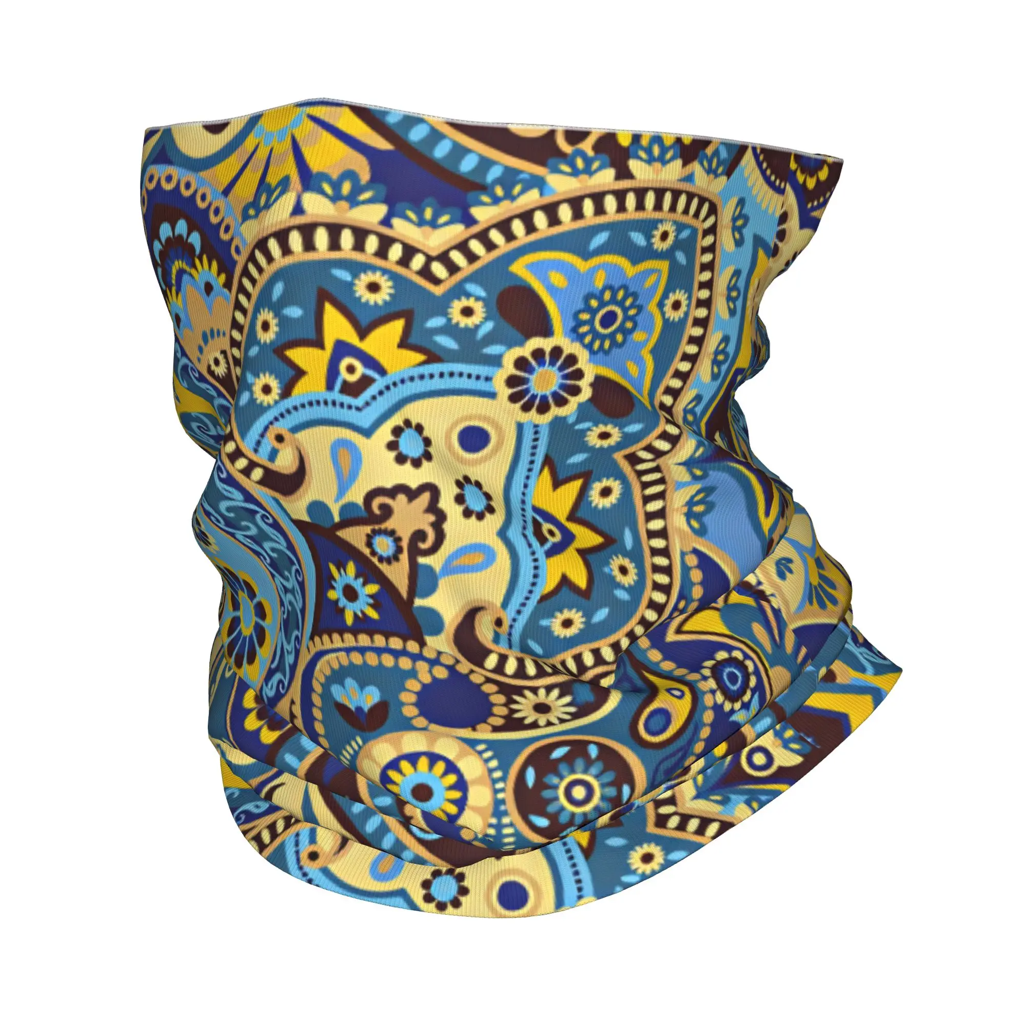 Blue Yellow Ethnic Paisley Floral Bandana Neck Gaiter Printed  Magic Scarf Warm Cycling Scarf Riding Unisex Adult Washable