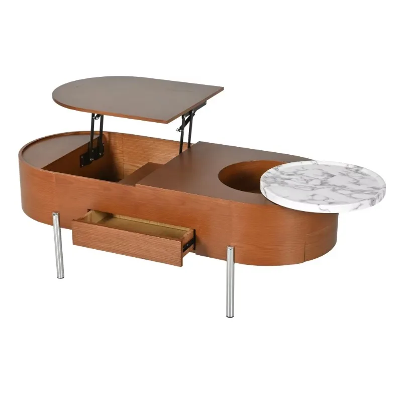 47.2-Inch coffee table with 360-degree marble pattern rotating tray