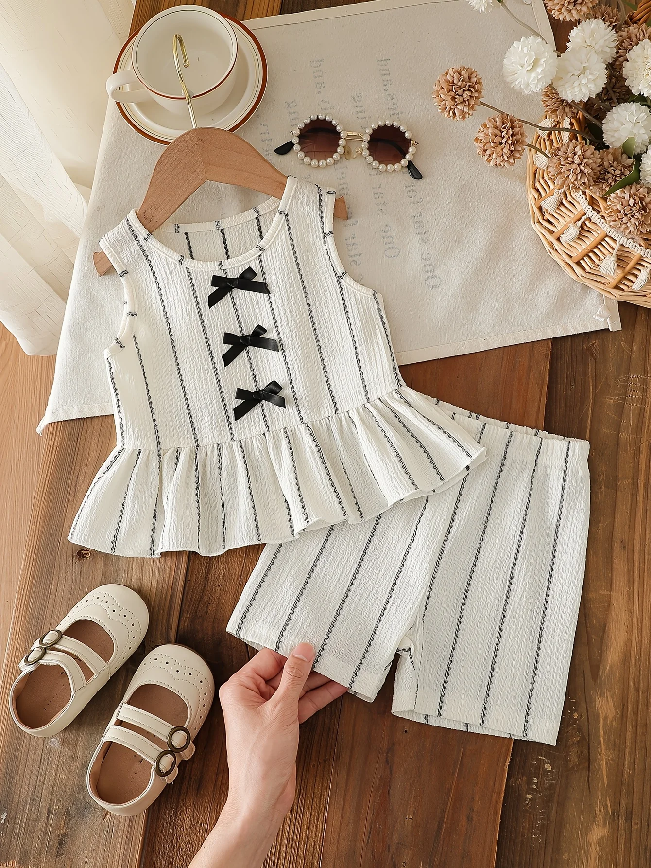 

Комплект из 2 предметов для девочки: белый фактурный топ в полоску с бантиками + шорты с оборками | Подарок на День святого Валентина / День рождения