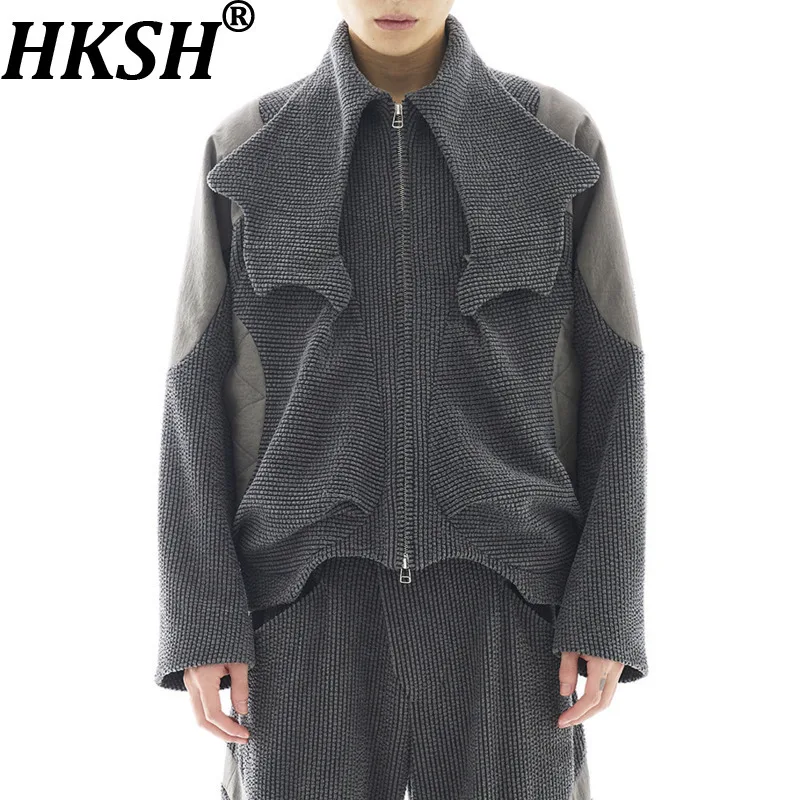 

Мужская куртка HKSH для весны, осени и зимы, с уникальным дизайном, в стиле пэчворк, деконструкция, плиссировка, модная, с цветовыми блоками, повседневная, модель HK18506