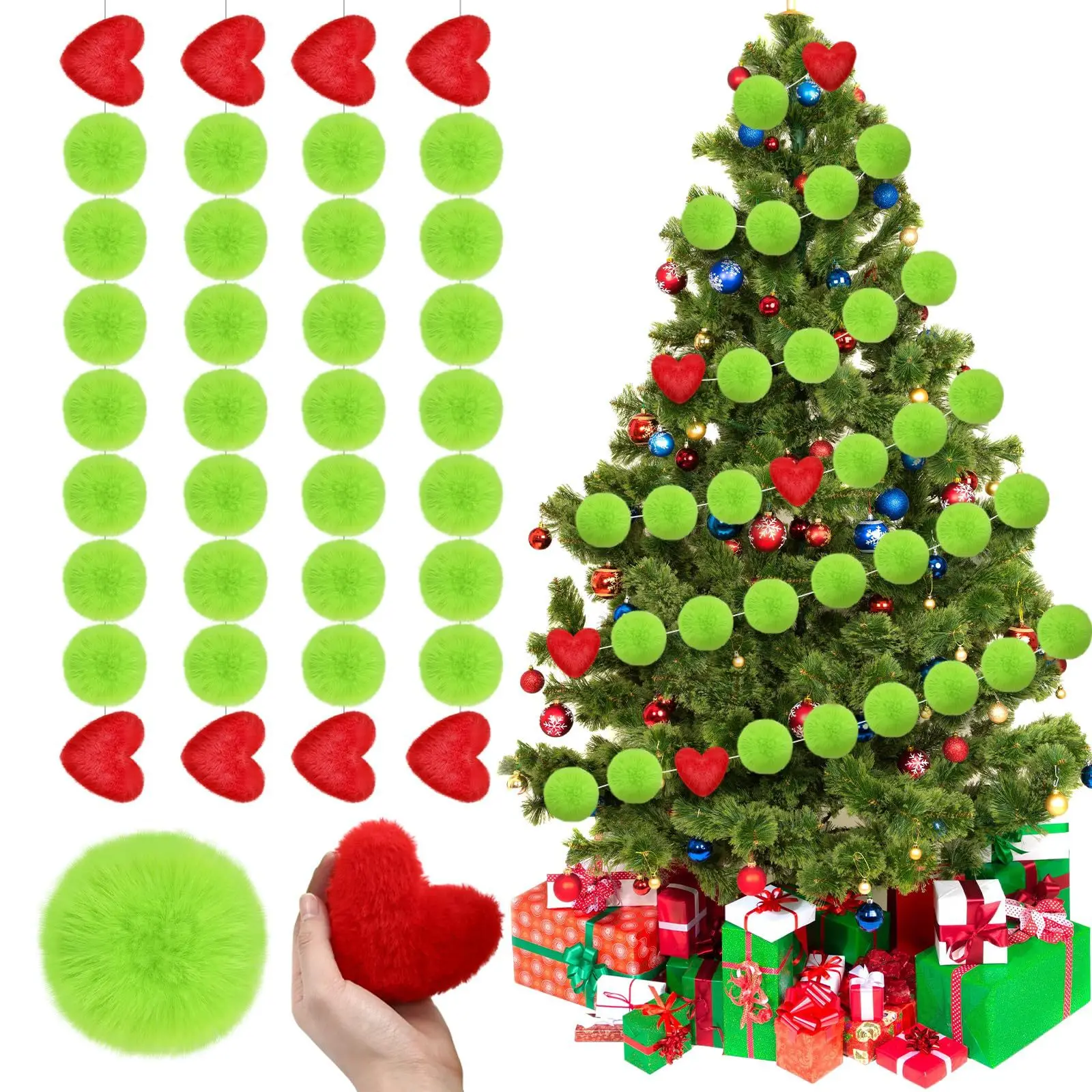 30 pc Christmas Green plush ball love Shiny Garland With Christmas Tree Garland For Home Decor Festival and New Year decorations