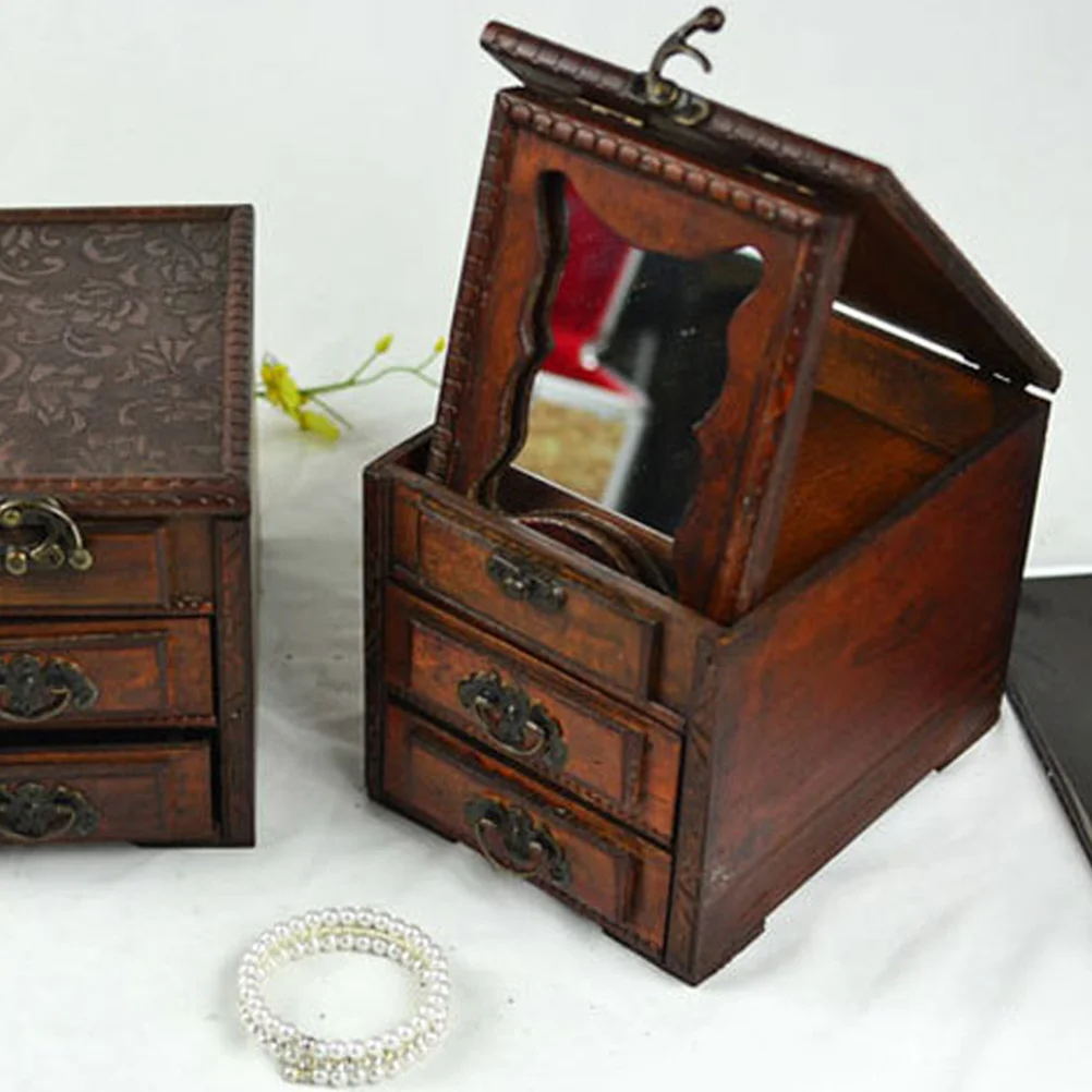 

Retro Wooden Jewelry Box Brown Color Storage Case for Bracelets Rings Drawer Compartment Trinket Container Vintage Dressing
