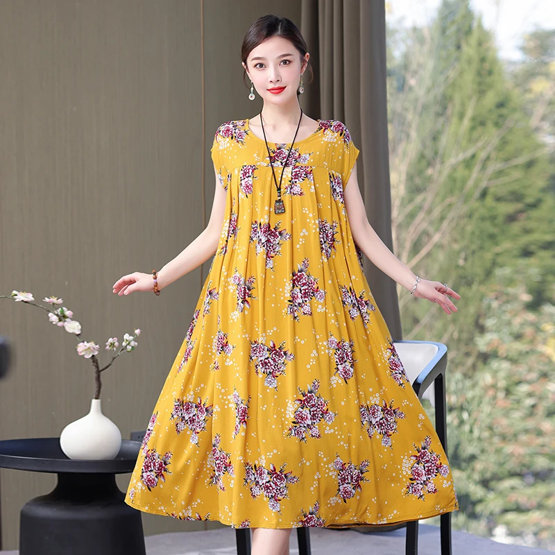 Neue Heiße 2023 Casual Vintage Sommer Baumwolle Silk Kleid Für Frauen Druck Blumen Kurzarm Oansatz Druck Elegante Kleider 4XL