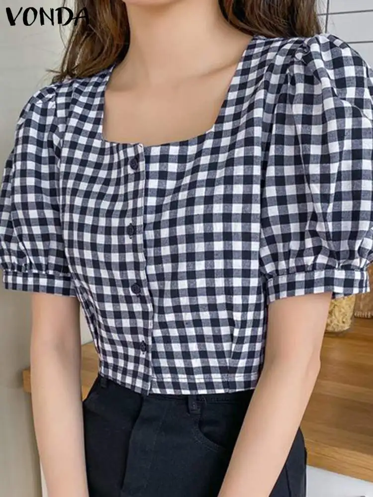 

VONDA Fashion Plaid Blouse Women Shirts 2024 Casual Loose Short Sleeve Buttons Summer Tops Short Puff Sleeve Blusas Femininas