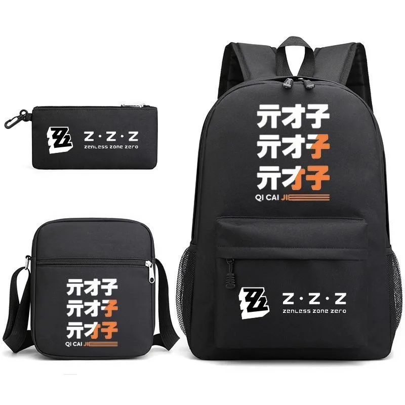 Zenless Zone Zero Anime three-piece set Backpack Qi Cai Jie Black Canvas School Bag Casual Unisex Student Bookbag