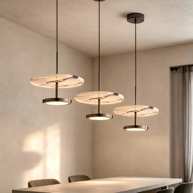 Natural Marble LED Dining Island Chandelier High Ceiling Adjustable Height Simple Post-Modern Pendant Light For Sushi Bar