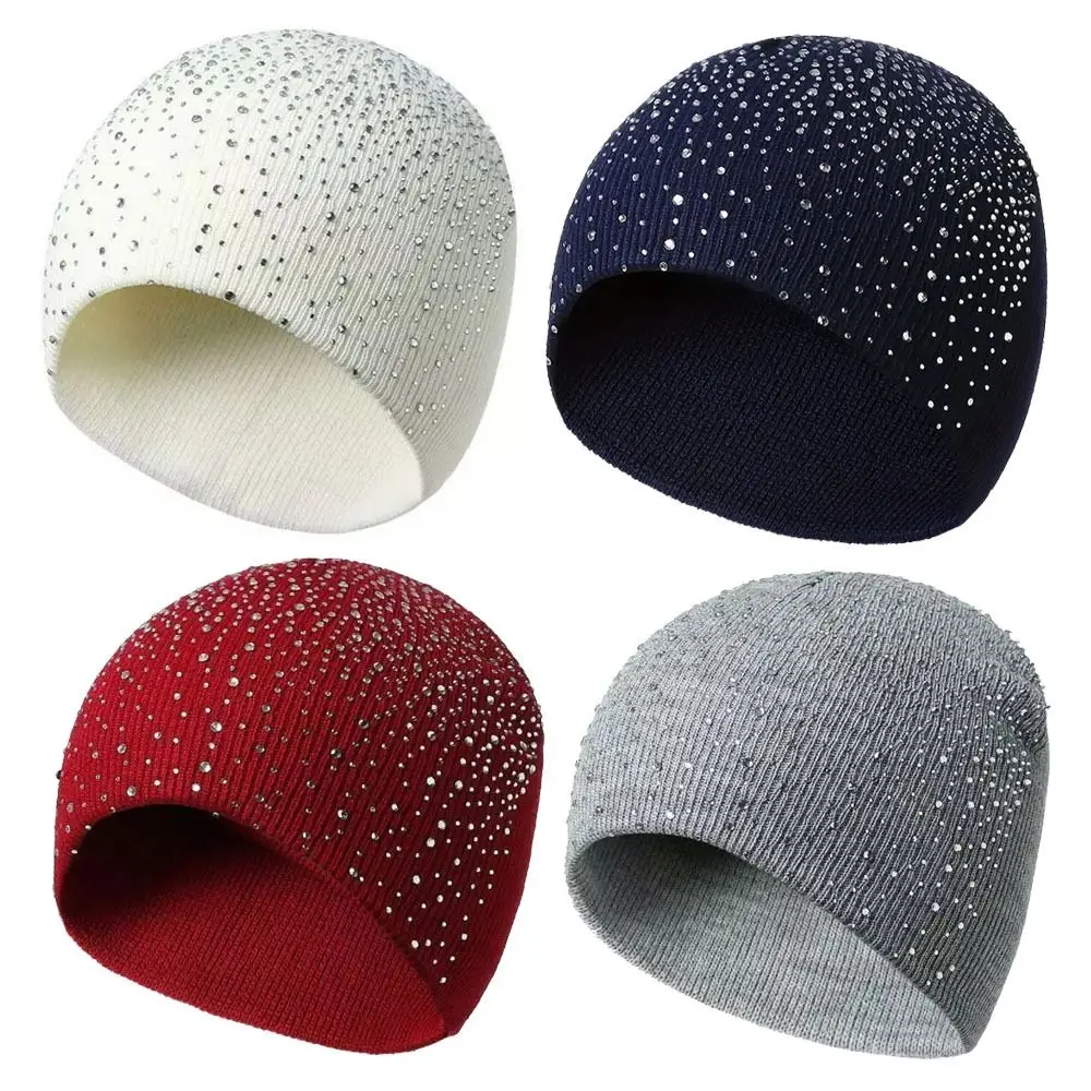 Rhinestone Decor Women's Beanie Hat Stretchy Fit Knitted Shiny Rhinestone Hat Solid Color Soft Warm Winter Hat