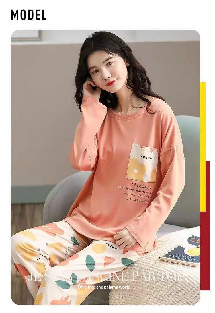 Damen Frühling/Herbst Pyjama: Langarm-Loungewear-Set für Mädchen, Übergröße, Schlicht, Locker Sitzend, Leichtes Pyjama-Set – Detail 2