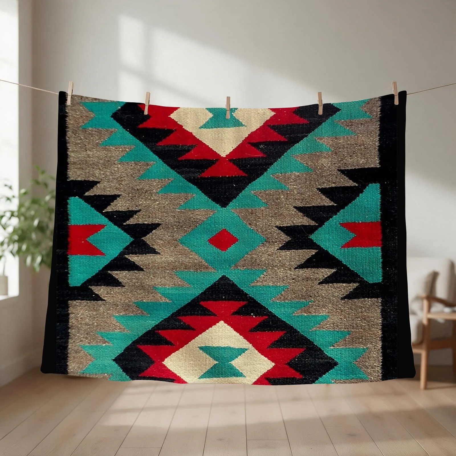Navajo Blanket pattern, turquise, red, grey, black Throw Blanket couch cozy soft plush fuzzy picnic outdoor blanket