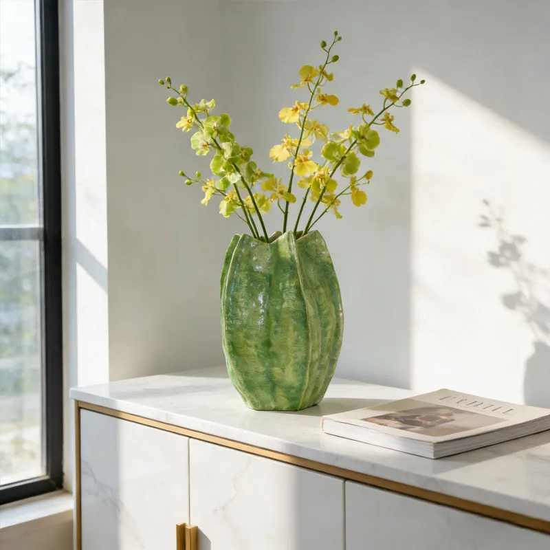 k%#Handmade ceramic vase, green star fruit type flower device, desktop decorative ornament, hydroponic flower arrangement