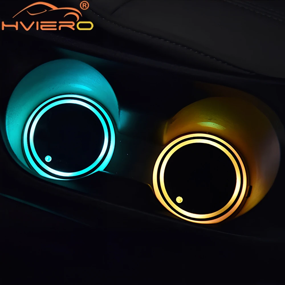 1X Auto Led Car Cup Holder Bottom Pad LED Hub Lamp Cover Trim Atmosphere Welcome Light Anti-slip Mat Interior Colorful Coaster