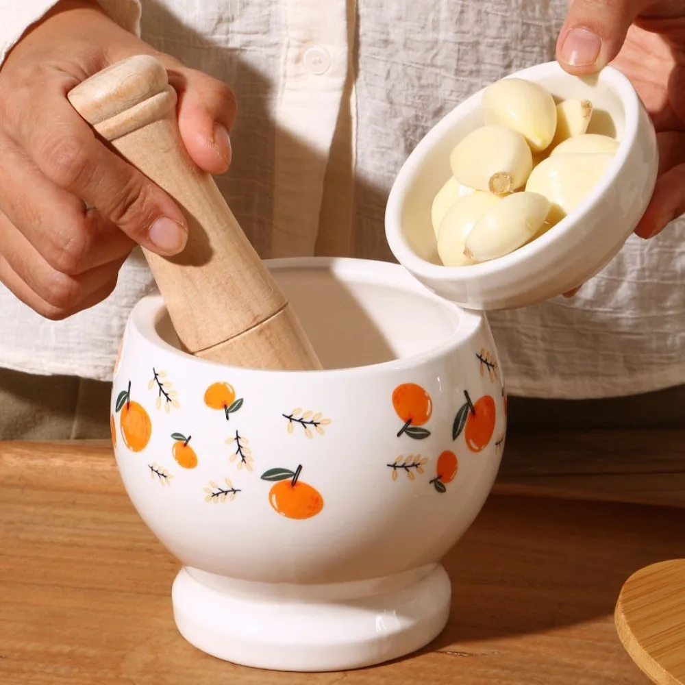 

Ceramic Ceramic Mortar Internal Thread Labor Saving Manual Mortar with Lid Flower Pattern Pestle Set Spice Crushing