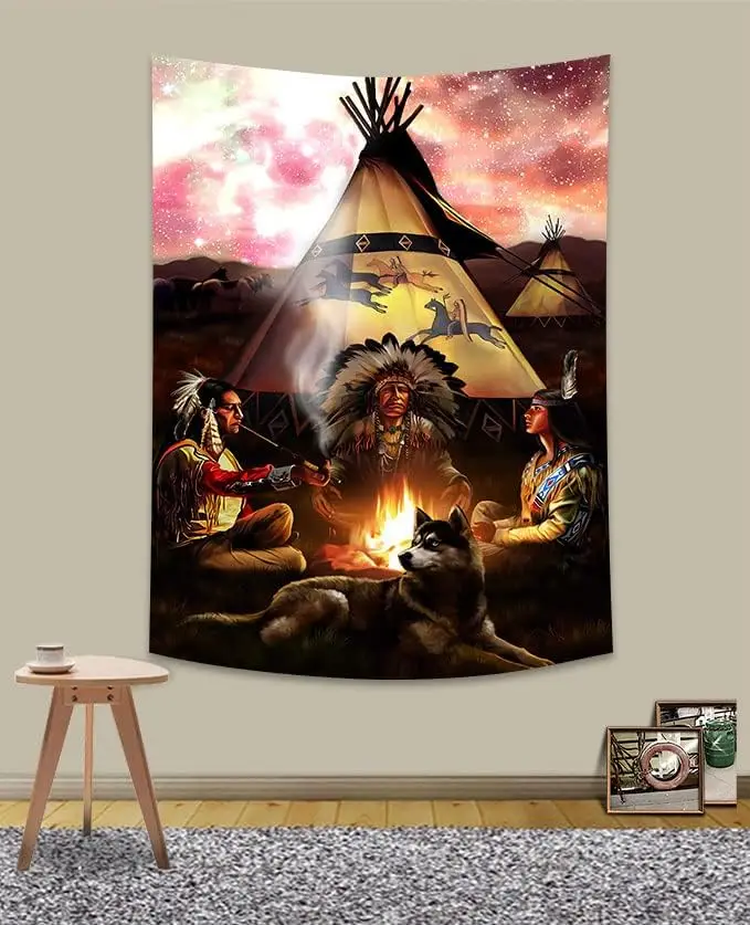 Bohemian Native Tapestry, Tribal Campfire Scene with Chief, Wolf and Starry Night Print Wall Hanging, Great For Living Room