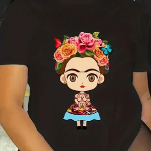 الكرتون فريدا طباعة تي شيرت عارضة قصيرة الأكمام الربيع الصيف تي شيرت ملابس نسائية أفضل 6 قميص فريدا كاهلو للمبيعات - رقم 2