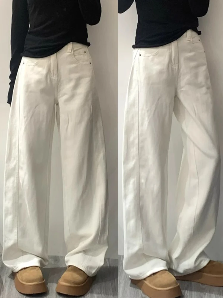 

White Women's Wide Leg Jeans Banana Knife Pants High Waist Loose Fit Denim Trousers Summer Wear Comfortable Wear Resistant