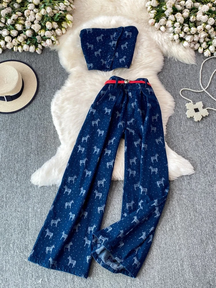 Top Sexy Diagonal Button Denim Tube Two Piece Set Vintage Print Lace Up Elegant Cute Lovely High Waist Wide Leg Chic Pants