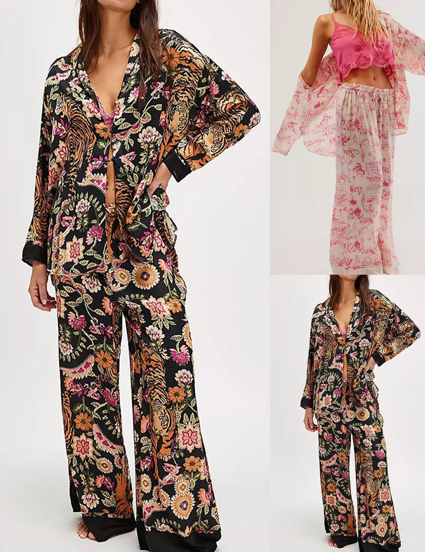 

Women Satin Pajamas Set 2 Piece Western Cowgirl Silk Pjs Long Sleeve Floral Pjs