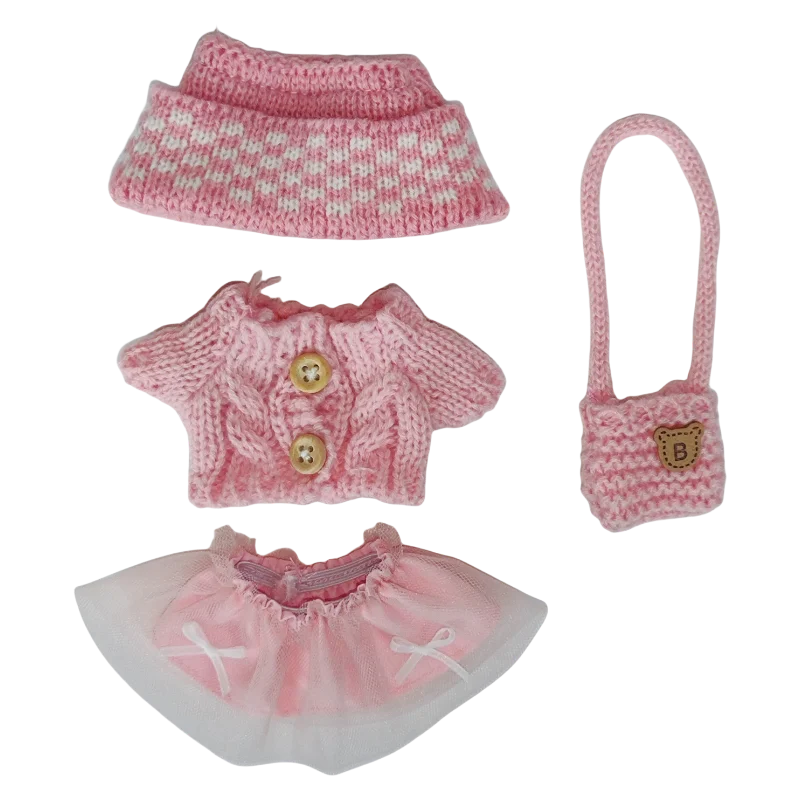 

For 15-17cm Clothes for Labubu – Sweet Macaron Vinyl Face Charm, Changeable Knit Dress & Crossbody Bag Outfit