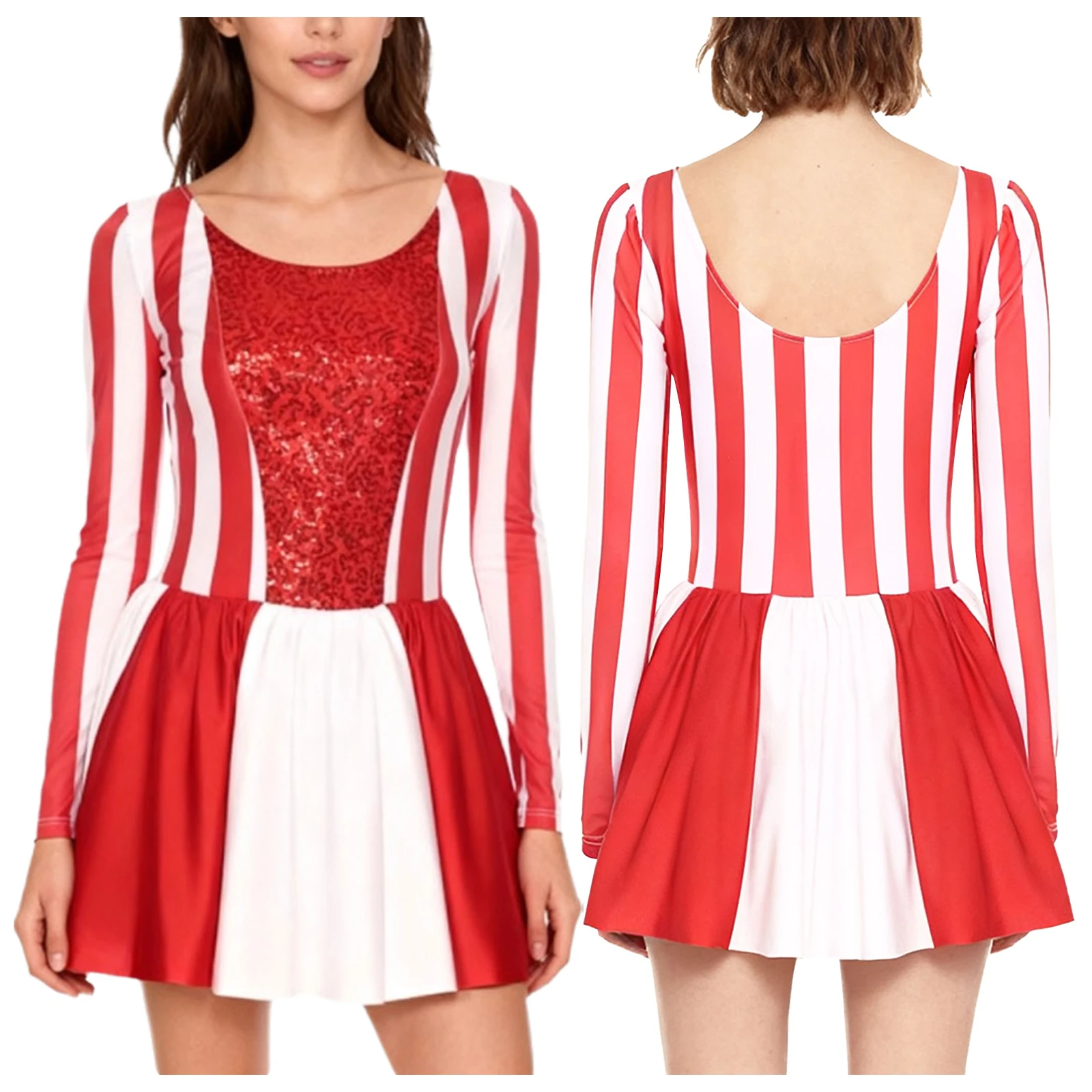 Women Christmas Party Fashion Sequin Red White Striped Tutu Dress for Christmas Candy Cane Holiday Festival Carnival Party Wear