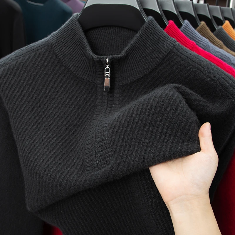 100% Wool Men's Luxury Sweater Thickened High Neck Half Zip Knitted Pullover Long Sleeve Autumn Winter Fashion Warm Casual Wear