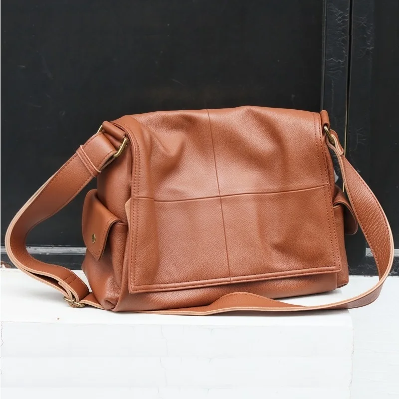 

New Genuine Leather Crossbody Bag Women Flap Pocket Messenger Bag Black Rock Style Luxury Handbag Purse Female Shoulder Tote Bag