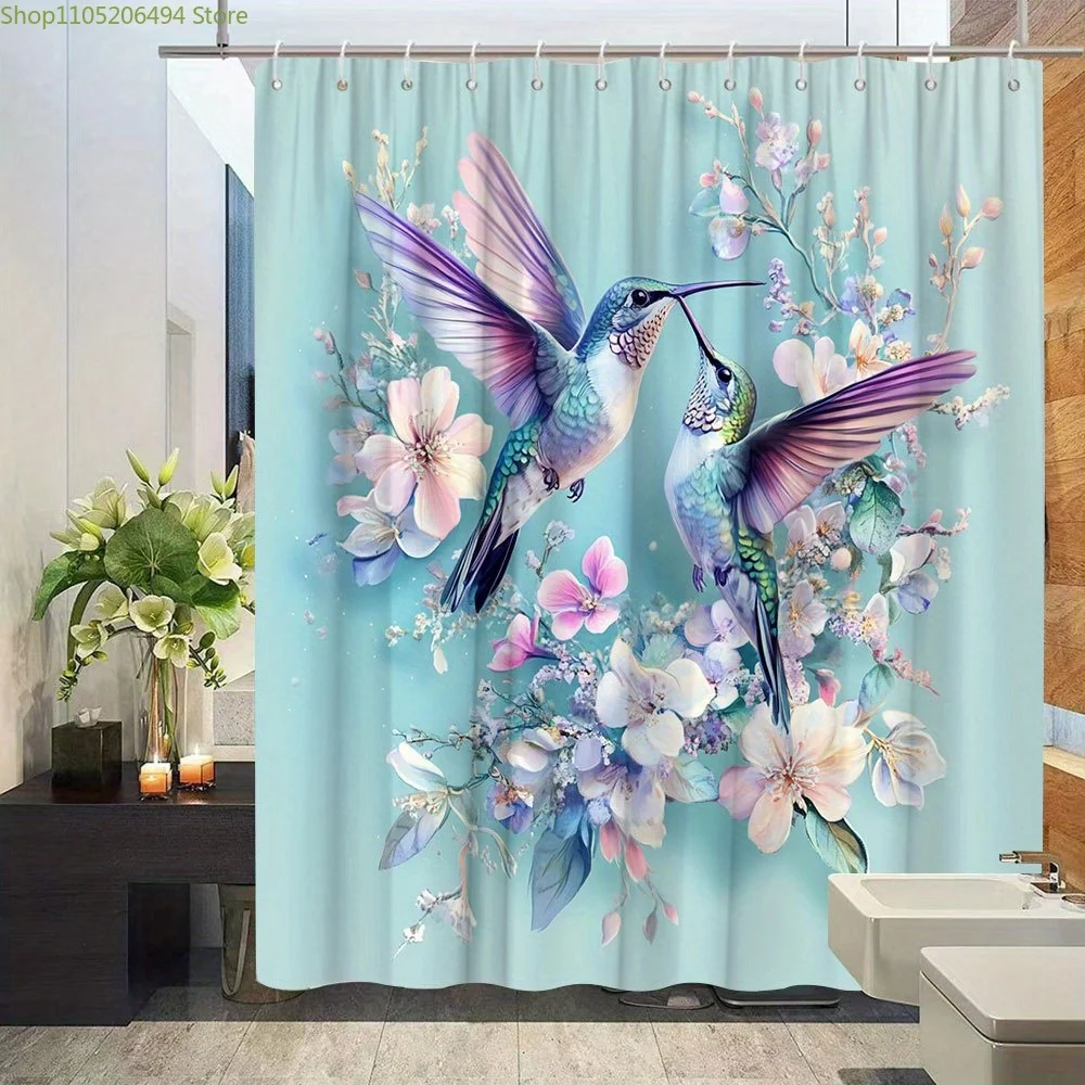 

Яркая занавеска для душа с изображением колибри и цветов в нежных пастельных тонах для романтического декора ванной комнаты, дизайн в стиле природного искусства.